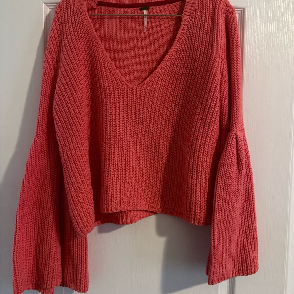 Women's V-Neck Knit Sweater - Coral